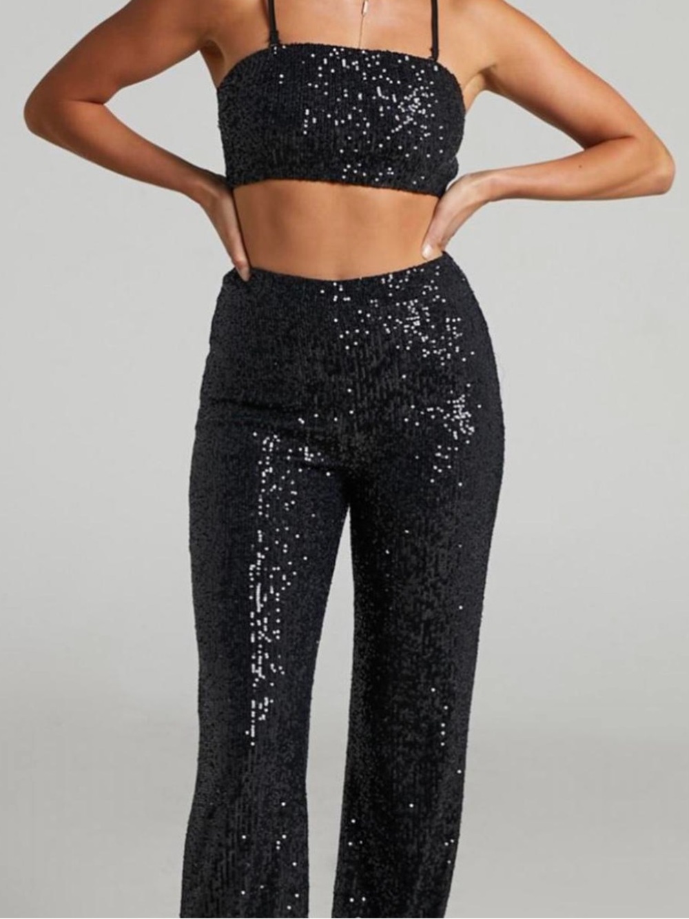 High-Waisted Black Sequin Pants set with matching bandeau